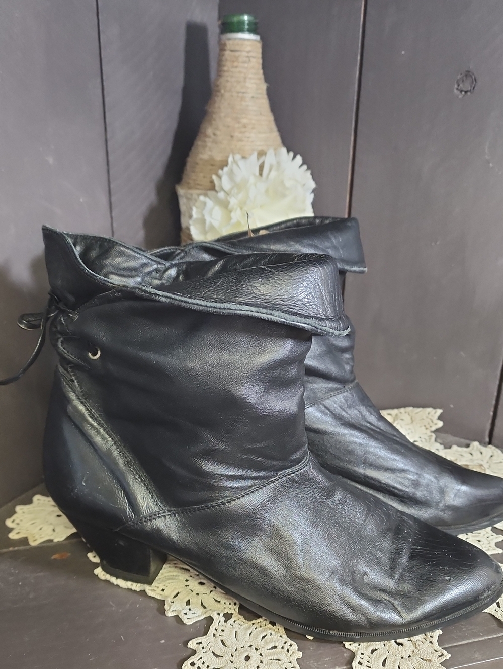 Black Leather Fold-Over Pixie Ankle Booties with Tie Detail
